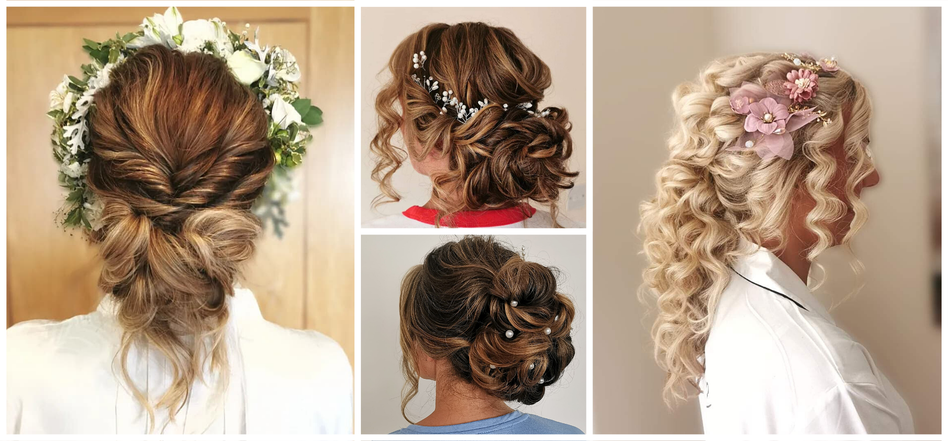 4 images, each of beautiful elaborate hair styles 
							designed by Bethany Eleanor, A plaited chignon, a classic romantic curled style, an elaborate up do with 
							intricate knot work and a hair do that looks like Denerys Stormborn/ Khaleesi with half up, half down curls 
							and plaits