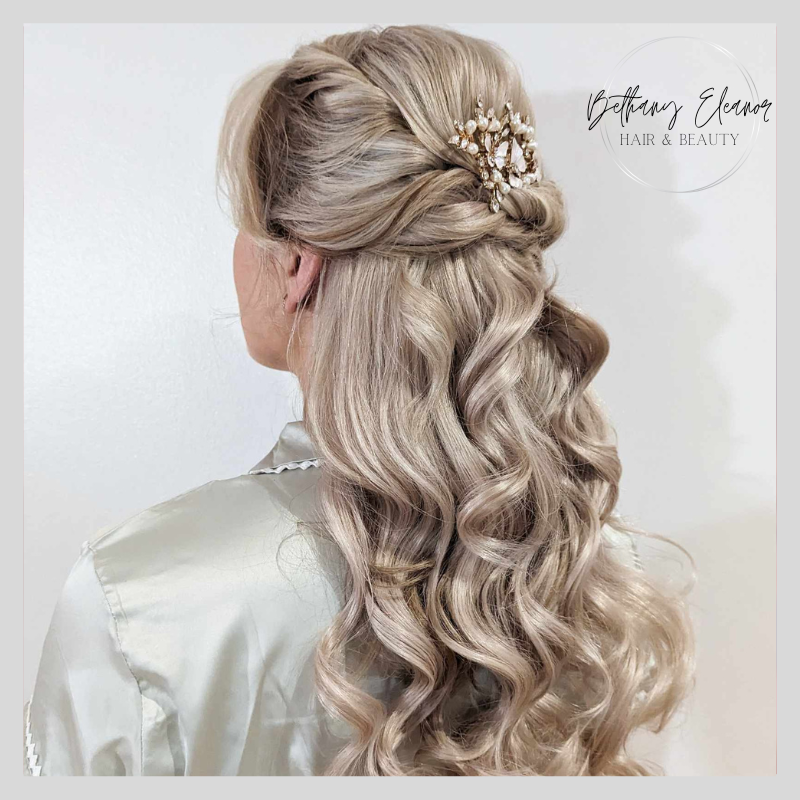 Image of bridal hair, braided plait across one side of the head by Bethany Eleanor Hair & Beauty