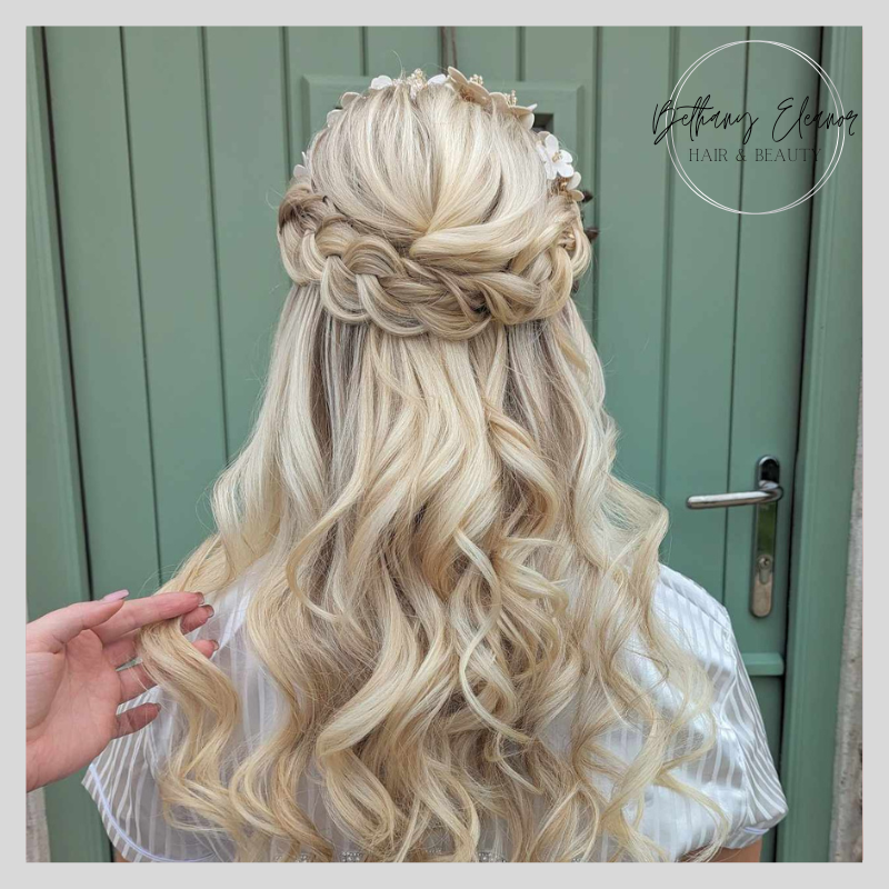 Image of bridal hair, curled and braided by Bethany Eleanor Hair & Beauty