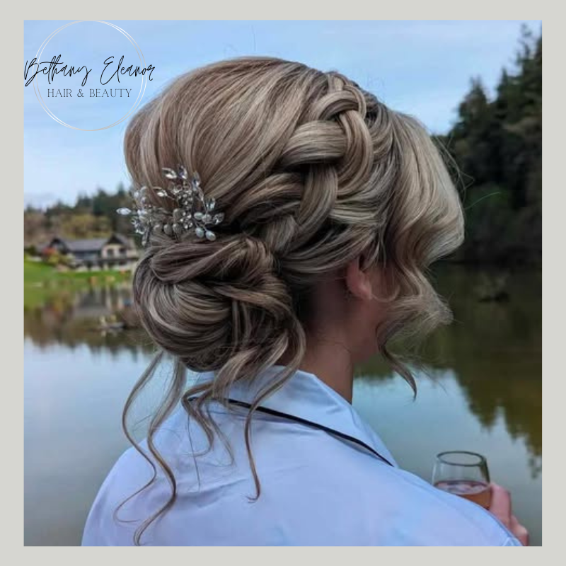 Image of bridal hair, braided plait across one side of the head by Bethany Eleanor Hair & Beauty